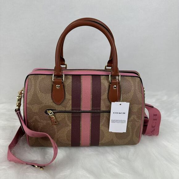 Coach Rowan Satchel Bag In Signature Canvas With Stripe Print In Tan CBI78 NWT - Picture 4 of 9